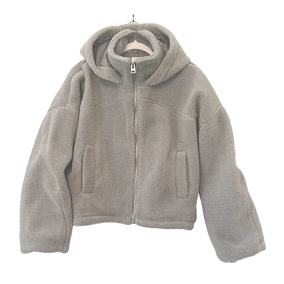 TOPSHOP | NWT!! Hooded Grey Long Sleeve Teddy Jacket, Size US 10 - Picture 3 of 9